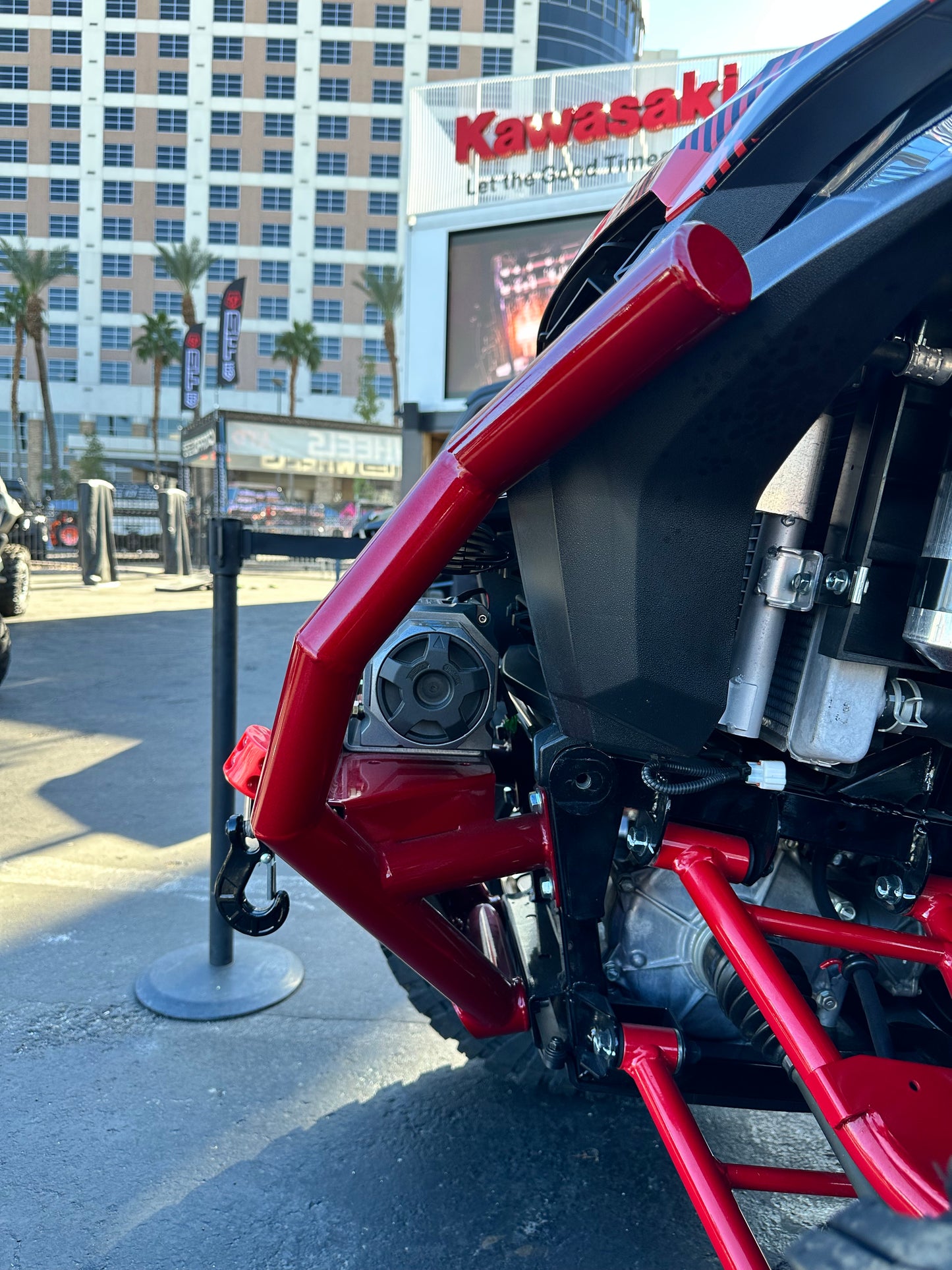 Side view of Area 15 Designs Front Bumper mounted on Kawasaki RIDGE, showing tube profile and clearance for winch fitment and trail protection.