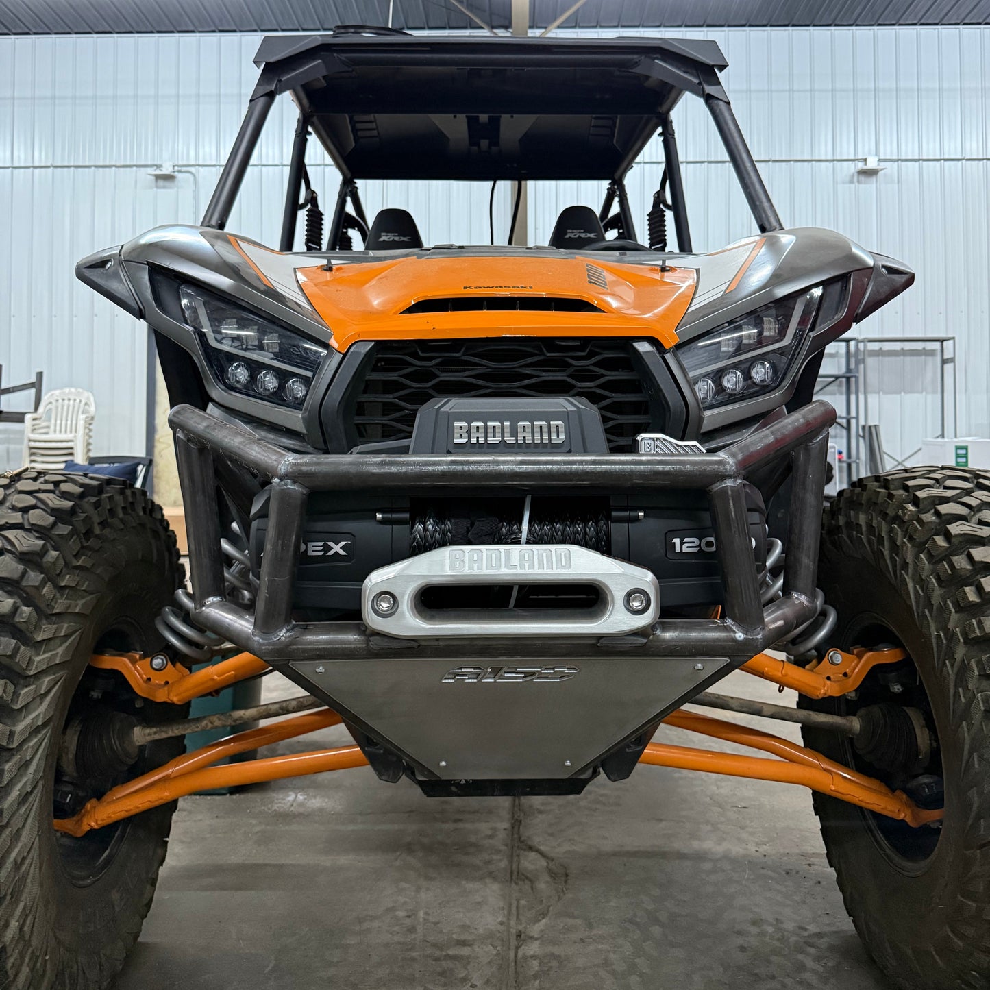 view of the KRX Titan Front Bumper mounted by Area 15 Designs for the Kawasaki KRX, showing aggressive styling and full-width protection.