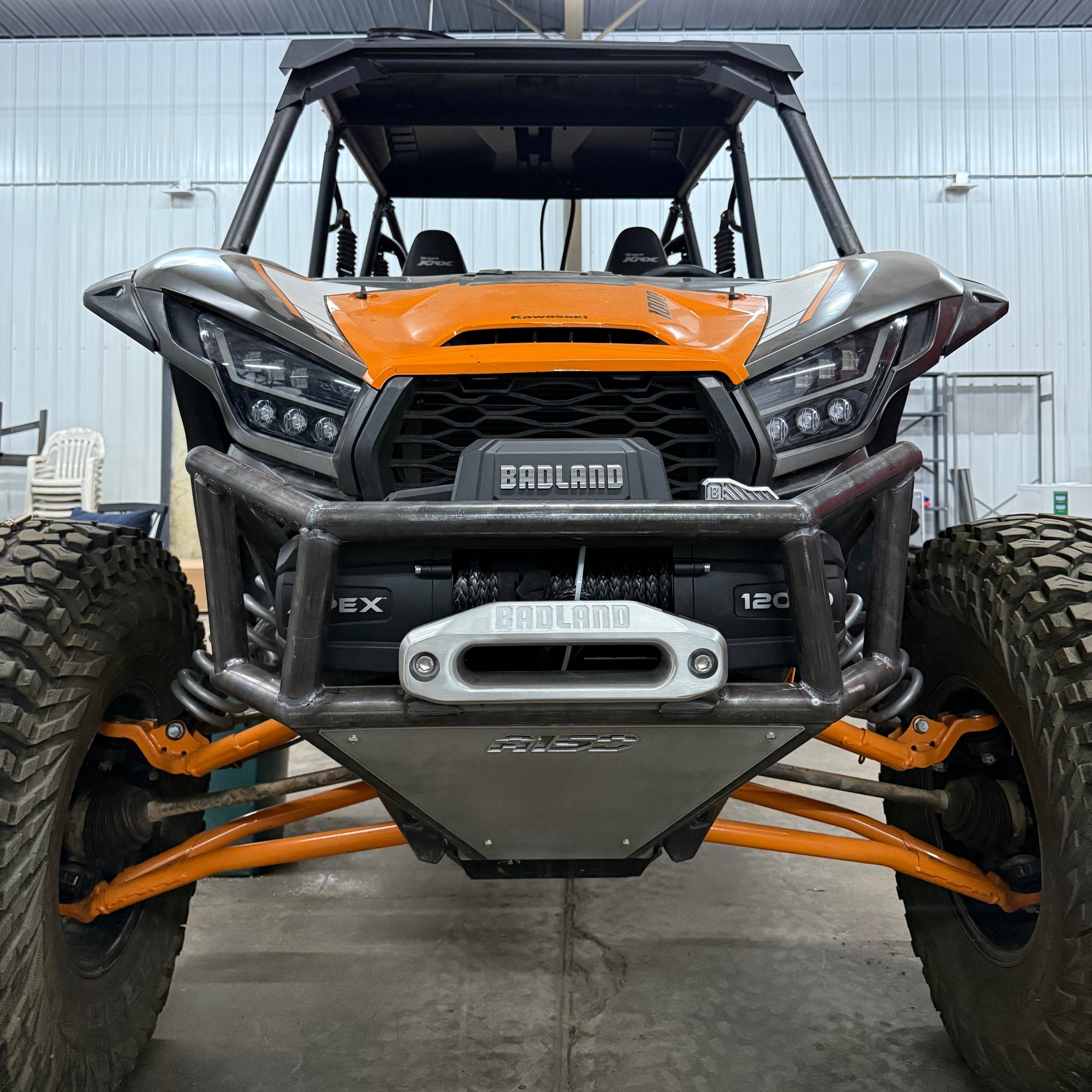 view of the KRX Titan Front Bumper mounted by Area 15 Designs for the Kawasaki KRX, showing aggressive styling and full-width protection.