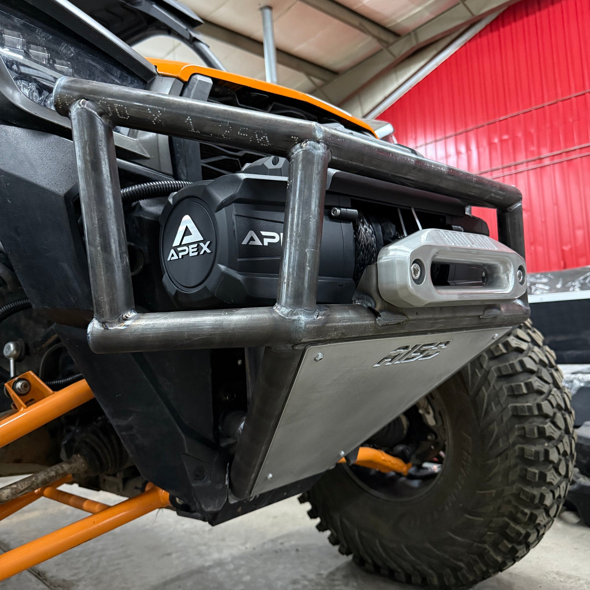 view of the KRX Titan Front Bumper mounted by Area 15 Designs for the Kawasaki KRX, showing aggressive styling and full-width protection.